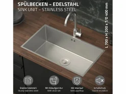 Outlet Fregadero XXL de cocina un seno 70x40cm lavabo con desagüe y rebosadero Fregadero