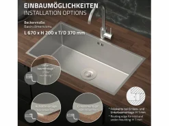 Outlet Fregadero XXL de cocina un seno 70x40cm lavabo con desagüe y rebosadero Fregadero