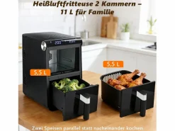 Outlet NETTLIFE Freidora de aire de 2 compartimentos y 11 L, 13 en 1, doble zona apilada, 2800 W, pantalla táctil, temporizador, cestas aptas para lavavajillas Negro