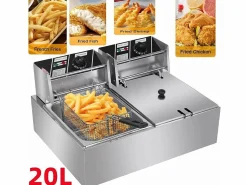 DripeX Freidora eléctrica 5000W, tanque doble 12L, 60 ºC a 200 ºC, freidora comercial en acero inoxidable, 55x43x28.5 cm