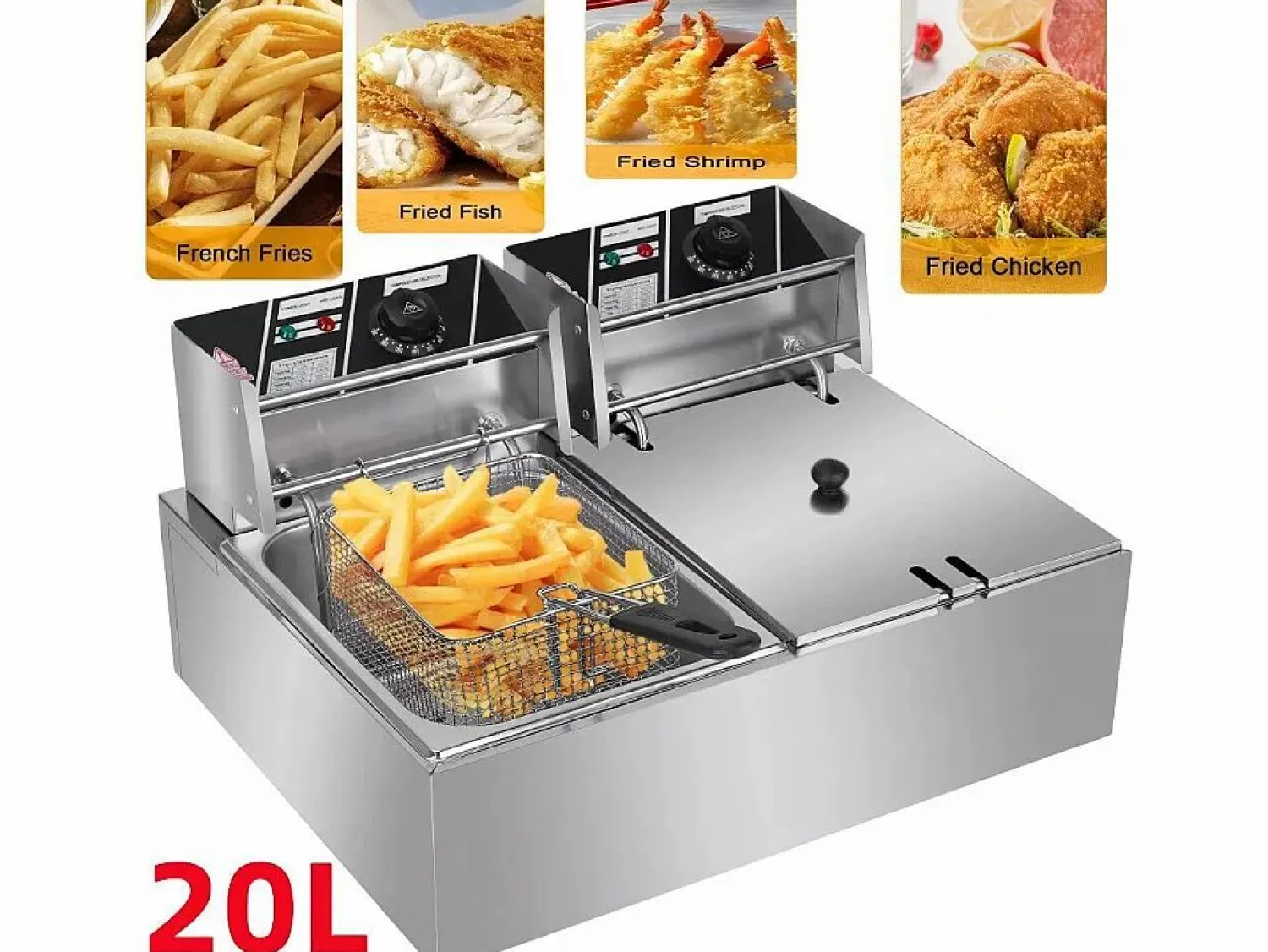 DripeX Freidora eléctrica 5000W, tanque doble 12L, 60 ºC a 200 ºC, freidora comercial en acero inoxidable, 55x43x28.5 cm