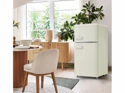 Frigorífico retro, frigorífico de doble puerta superior e inferior, volumen total de 72 litros, con volumen de congelador de 21 litros, 120 kWh/año, luz LED Blanco