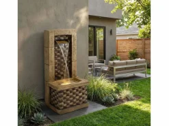 Merax Fuente decorativa de jardín con soporte - 37 x 31,5 x 89 cm - estilo antiguo - 3 estanques con agua corriente - Resina - marrón