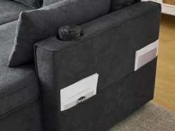 Fusio Primavera-Verano - Sofá Cama Angular 3 Plazas, Modular, Tela de Lino con Reposabrazos Portavasos - Ideal para Salón y Estancia