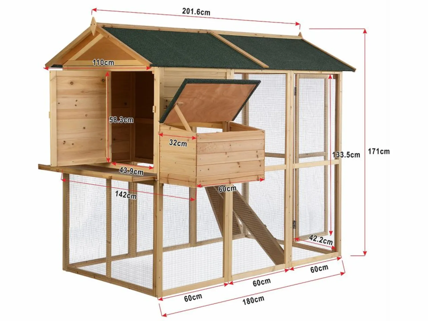 Outlet Gallinero, caseta con cerca de madera- 8 gallinas -Ancho 201 x Alt. 171- natural y verde - GALLUS Cama De Animales De Compañía