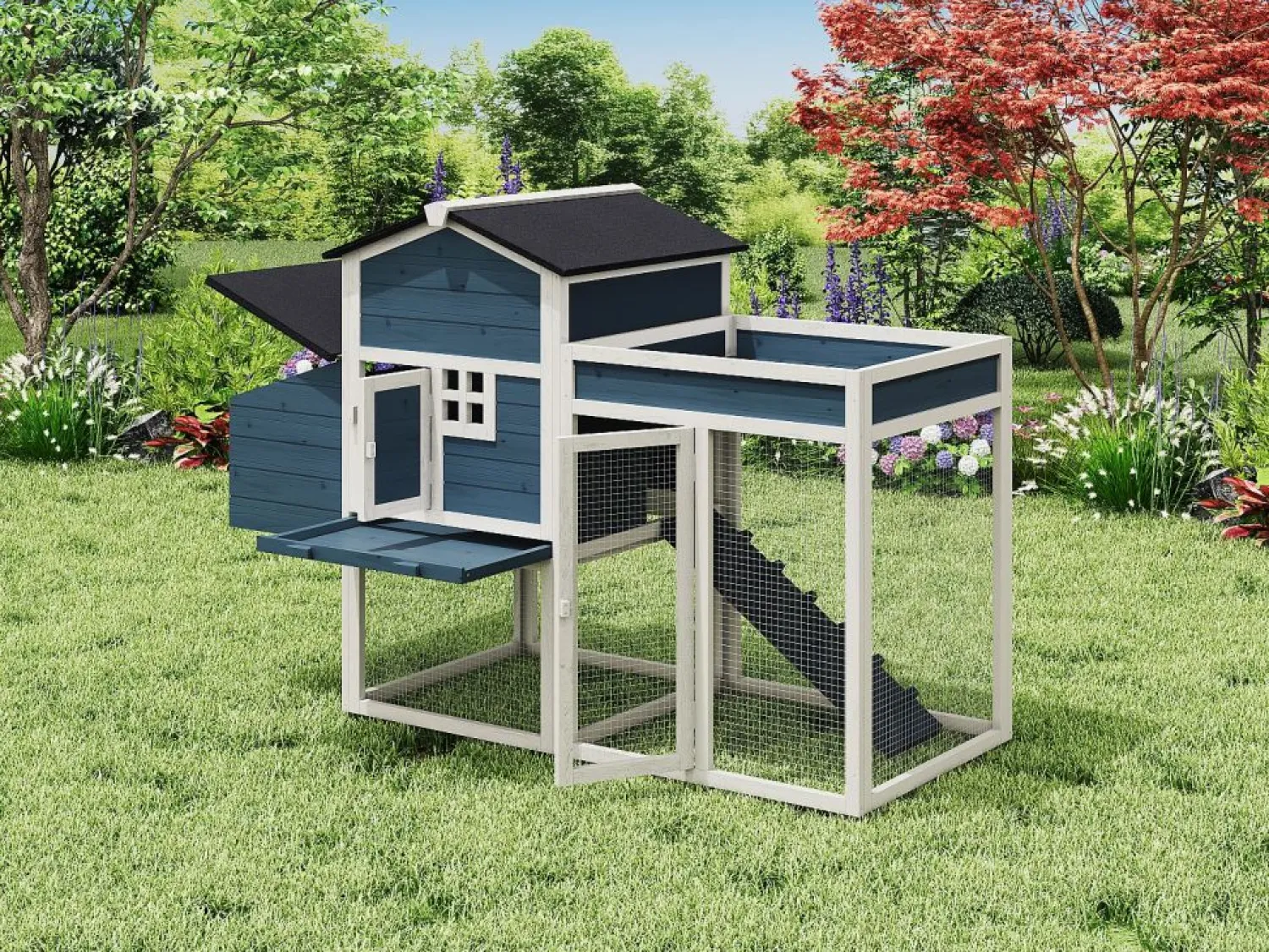 Vente-unique Gallinero con valla y huerto - 4 gallinas - Alt. 109 cm - Azul y blanco CAMPORA Azul / Blanco