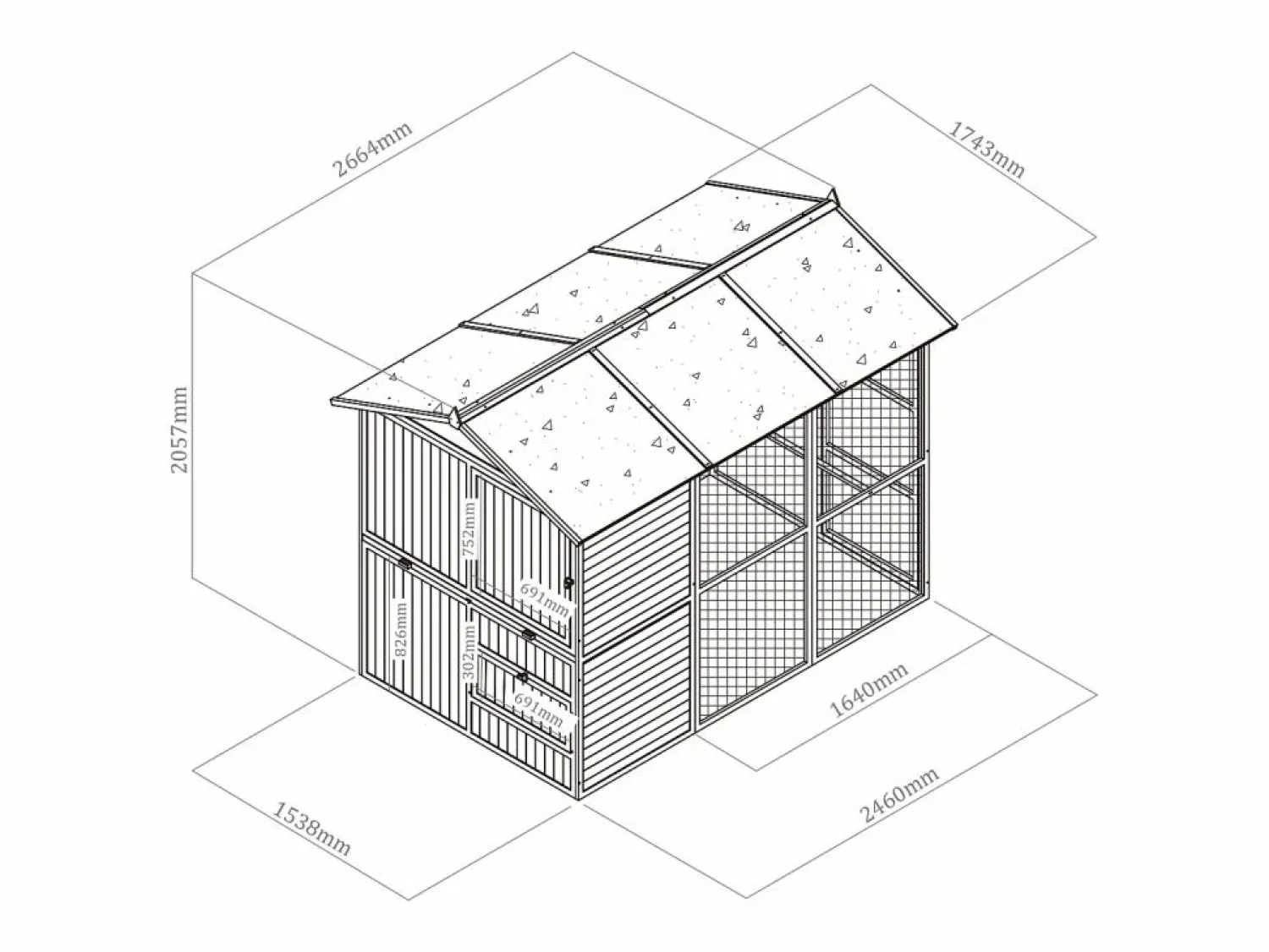 Outlet Gallinero de madera con corral - 10 gallinas - L. 266 x An. 174 x Al. 205 cm - - FERAS Cama De Animales De Compañía