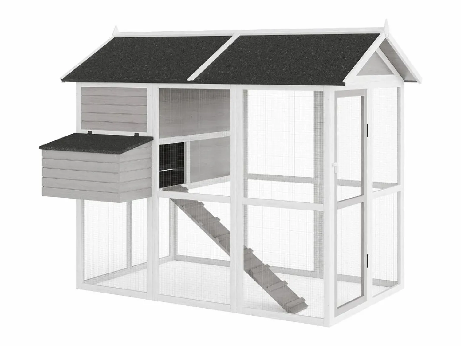 Vente-unique Gallinero de madera con corral, 8 gallinas, L. 201 x P.142 x H. 171 cm, Gris y blanco, GALLUS