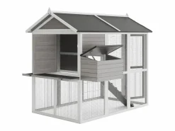 Vente-unique Gallinero de madera con corral, 8 gallinas, L. 201 x P.142 x H. 171 cm, Gris y blanco, GALLUS