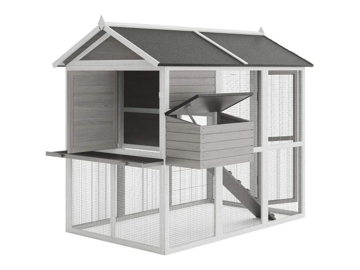Vente-unique Gallinero de madera con corral, 8 gallinas, L. 201 x P.142 x H. 171 cm, Gris y blanco, GALLUS