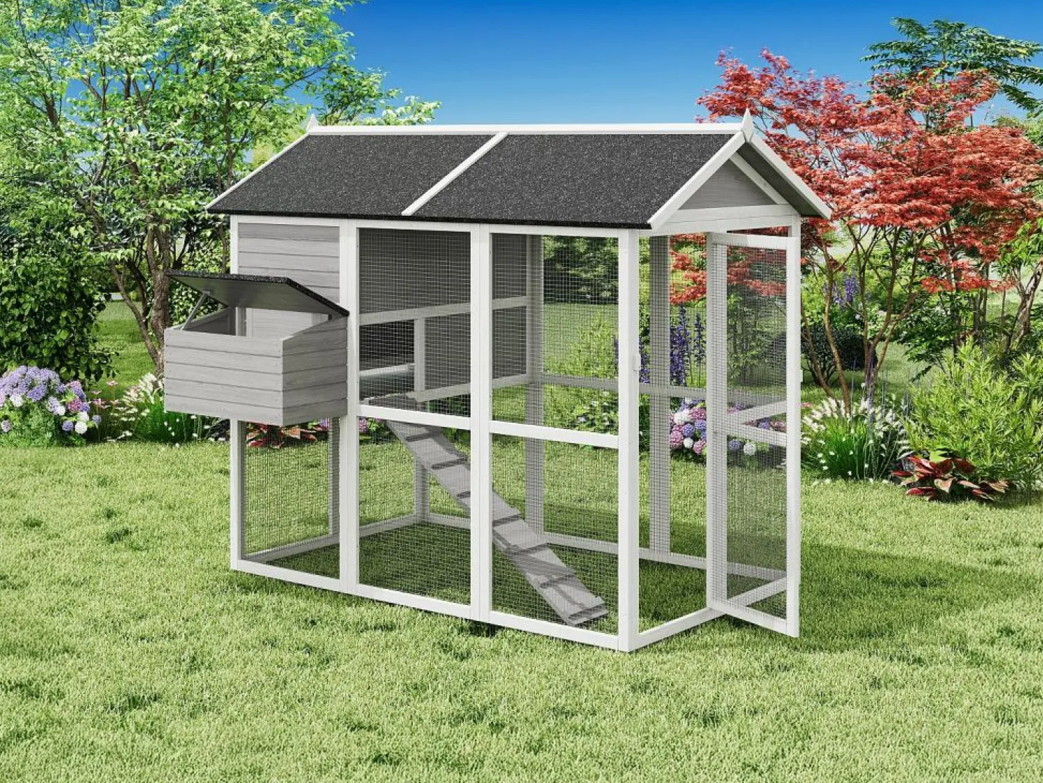 Vente-unique Gallinero de madera con corral, 8 gallinas, L. 201 x P.142 x H. 171 cm, Gris y blanco, GALLUS