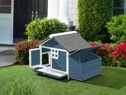 Vente-unique Gallinero de madera con ponedero - 2 gallinas - L. 106 x Prof. 64 x Alt. .71 cm - Azul y blanco - ANSER