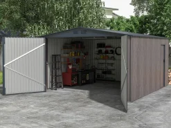 Outlet EXPERTLAND Garaje de acero galvanizado efecto madera gris 15,1 m² NERON Gris antracita / Color natural oscuro