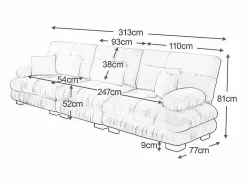 Best DripeX Gran sofá - 3 plazas - con 5 cojines - estructura madera maciza - Felpa - 313x77x81cm Beige