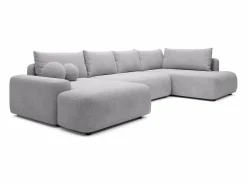 Online Vente-unique Gran sofá cama rinconera derecha panorámico en tela texturizada DAVISO Gris claro