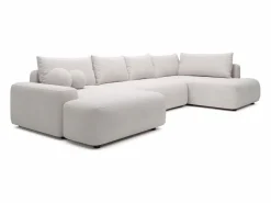 Discount Vente-unique Gran sofá cama rinconera derecha panorámico de 8 plazas en tela texturizada DAVISO Beige