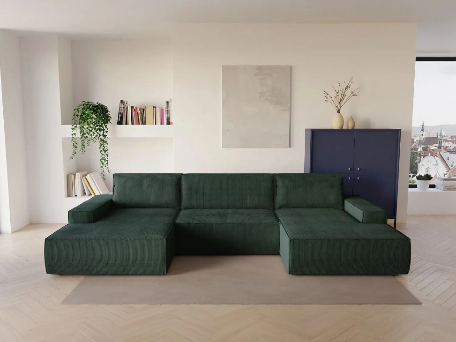 Vente-unique Gran sofá cama rinconera panorámico de pana con compartimentos AMELIA
