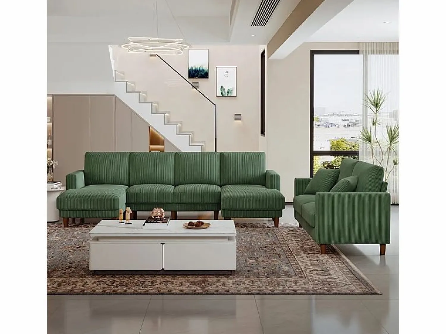 Outlet Gran sofá de esquina panorámico - 4 plazas - chaise longue 109cm - de pana - 269x140x86 - Sofá De Terciopelo|Sofá - 4 Plazas