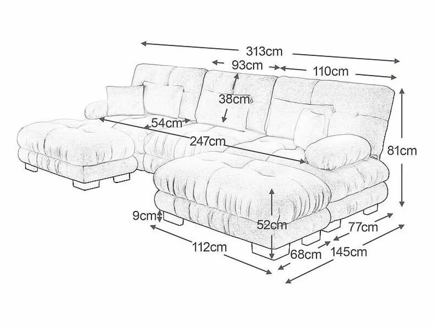 DripeX Gran sofá esquina modular - 3 plazas - con 2 pouf y 5 cojines - tejido felpa - 313x145x81cm