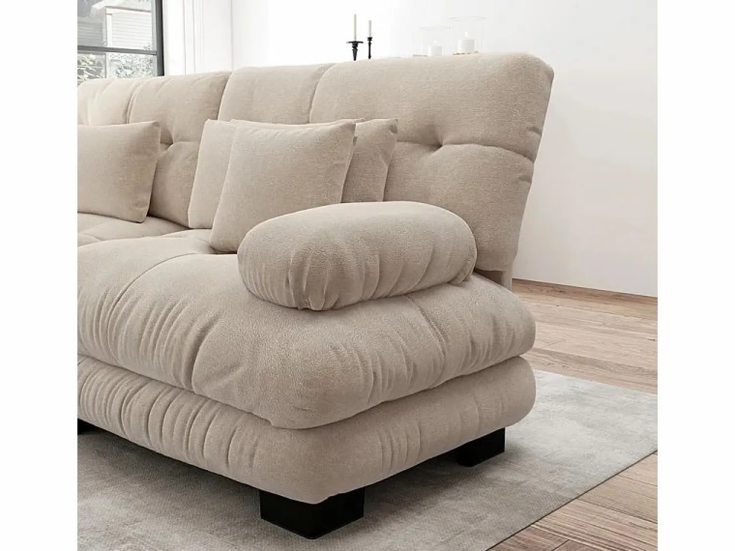 DripeX Gran sofá esquina modular - 3 plazas - con 2 pouf y 5 cojines - tejido felpa - 313x145x81cm