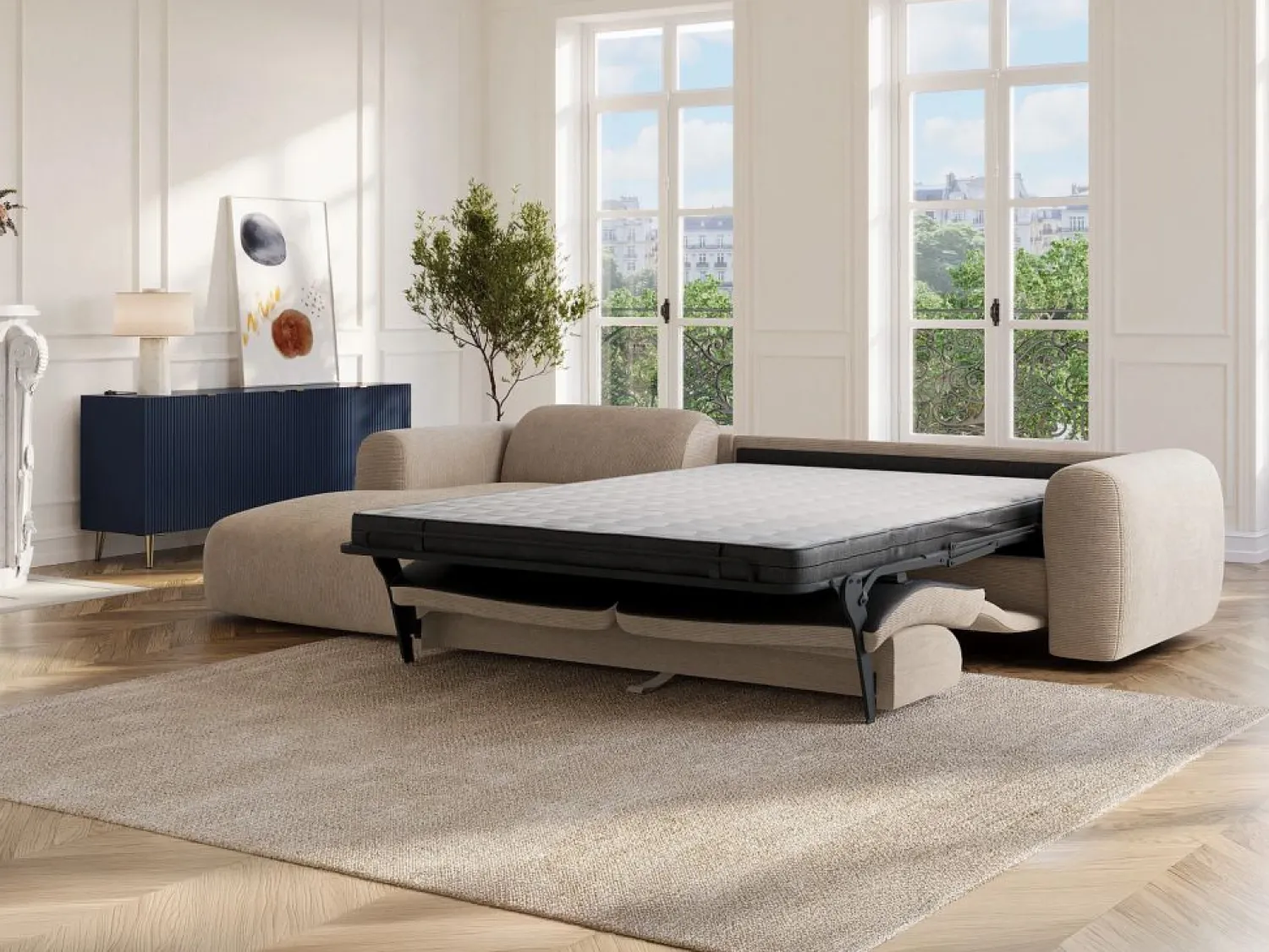 Outlet Vente-unique Gran sofá rinconera izquierda convertible express en pana fina de pana fina POGNI Beige