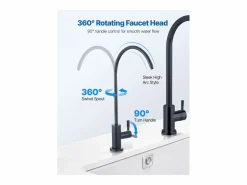 Outlet Grifo de Agua Potable SucceBuy sin Plomo en Acero Inoxidable, Grifo de Ósmosis Inversa con Válvula en Latón Macizo, Filtrado de Arco Alto, Giratorio 360° Negro