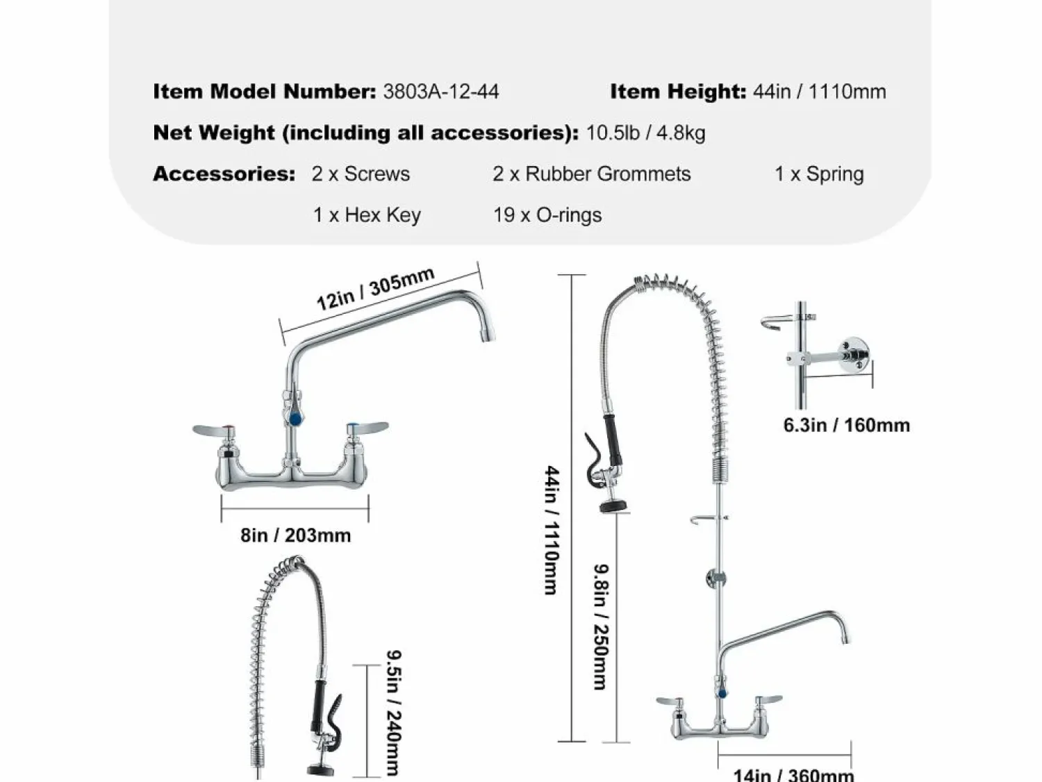 Grifo de Cocina SucceBuy para Fregadero de Montaje en Pared - Con Rociador de Prelavado, 111.8 cm