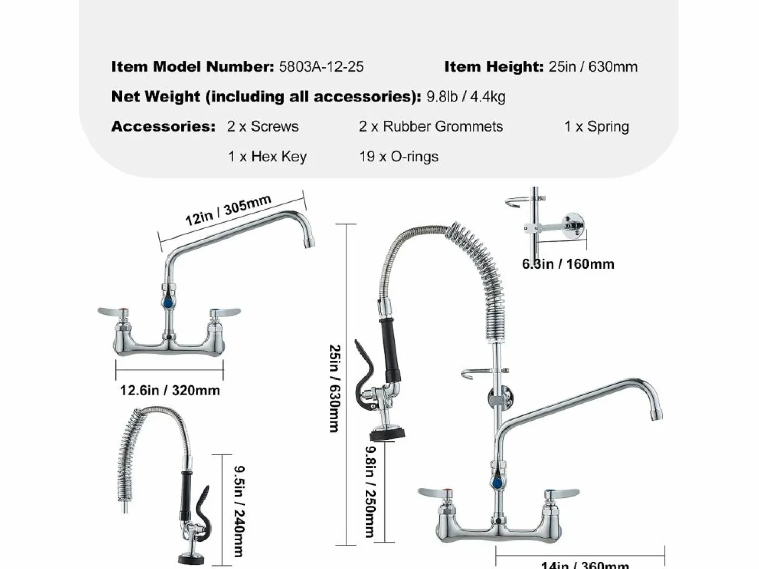 Outlet Grifo de Cocina SucceBuy para Fregadero de Montaje en Pared - Con Rociador de Prelavado, 63.5 cm Grifo De Cocina