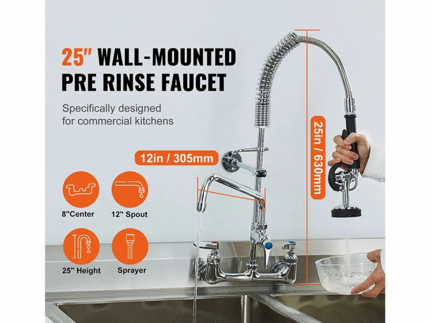 Outlet Grifo de Cocina SucceBuy para Fregadero de Montaje en Pared - Con Rociador de Prelavado, 63.5 cm Grifo De Cocina