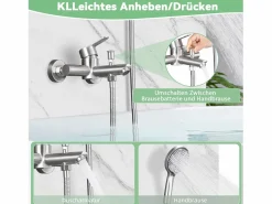 NETTLIFE Grifo mezclador de baño con ducha de mano, grifo de pared de acero inoxidable, monomando, instalación vista para baño