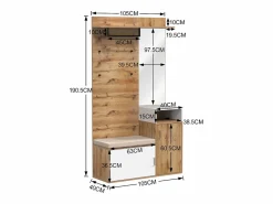 Hauss Spole Guardarropa blanco y madera con espejo, 2 puertas, banco y 4 colgadores 105x40x190,5cm