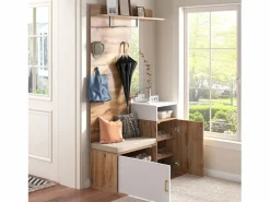 Hauss Spole Guardarropa blanco y madera con espejo, 2 puertas, banco y 4 colgadores 105x40x190,5cm