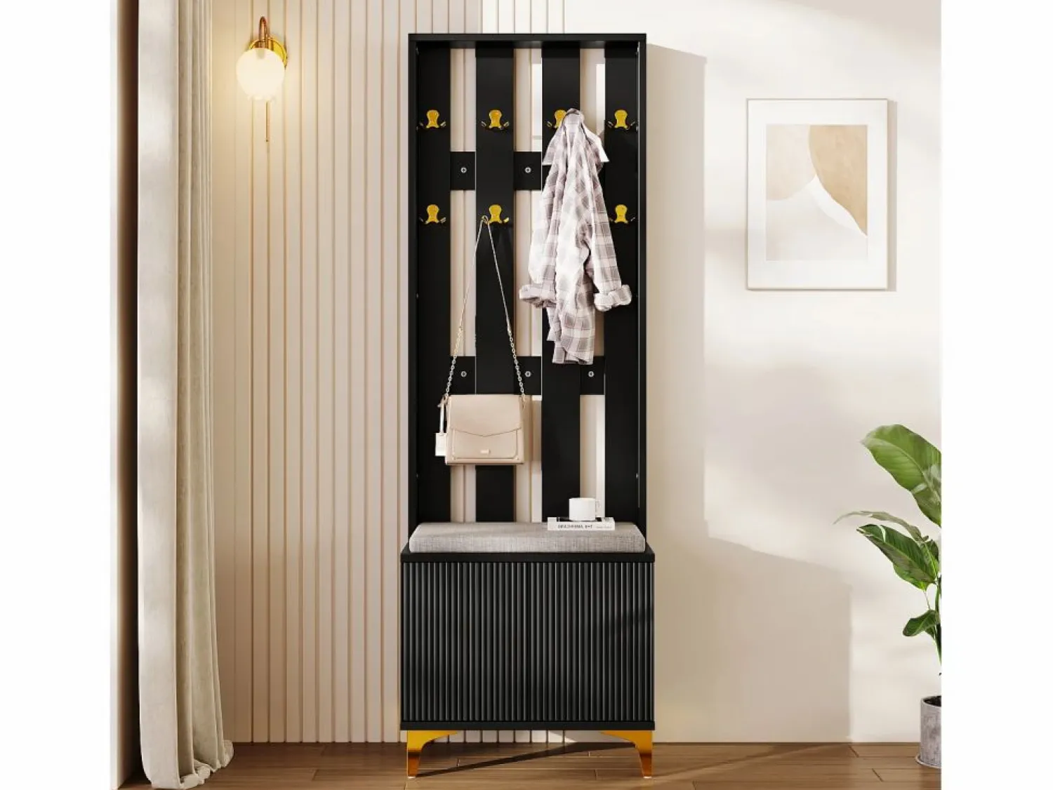 Best Guardarropa con perchero y banco zapatero - 60,5x35,2x180,5 cm - Tablero de partículas - Armario De Entrada