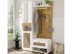 Discount Guardarropa 110x38x190 cm con LED - con espejo + 5 ganchos + zapatero - Natural y Blanco Armario De Entrada