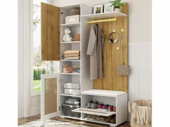 Discount Guardarropa 110x38x190 cm con LED - con espejo + 5 ganchos + zapatero - Natural y Blanco Armario De Entrada