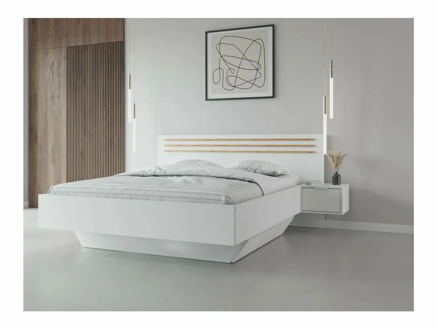 Meublorama Habitación completa FLORENCIA – Cama 160x200 + somier + cajones + armario + cómoda – y roble Blanco