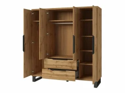 Clearance Habitación completa industrial MILOS: Armario, cama con almacenamiento 180x200, cómoda, mesitas de noche, roble crudo/negro Dormitorio Completo