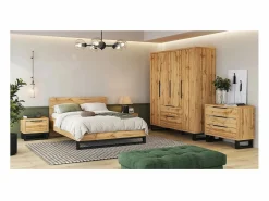 Meublorama Habitación completa industrial MILOS: Armario 4 puertas, cama 160x200, cómoda, mesitas de noche, roble crudo/negro