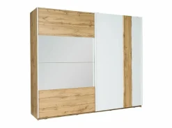 Meublorama Habitación WOOD en colores roble y blanco con cama con LED y compartimento de almacenamiento, cómoda, mesitas de noche y armario.