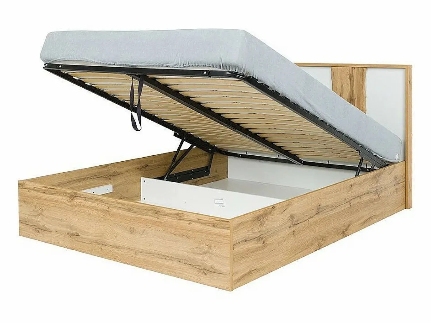 Meublorama Habitación WOOD en colores roble y blanco con cama con LED y compartimento de almacenamiento, cómoda, mesitas de noche y armario.