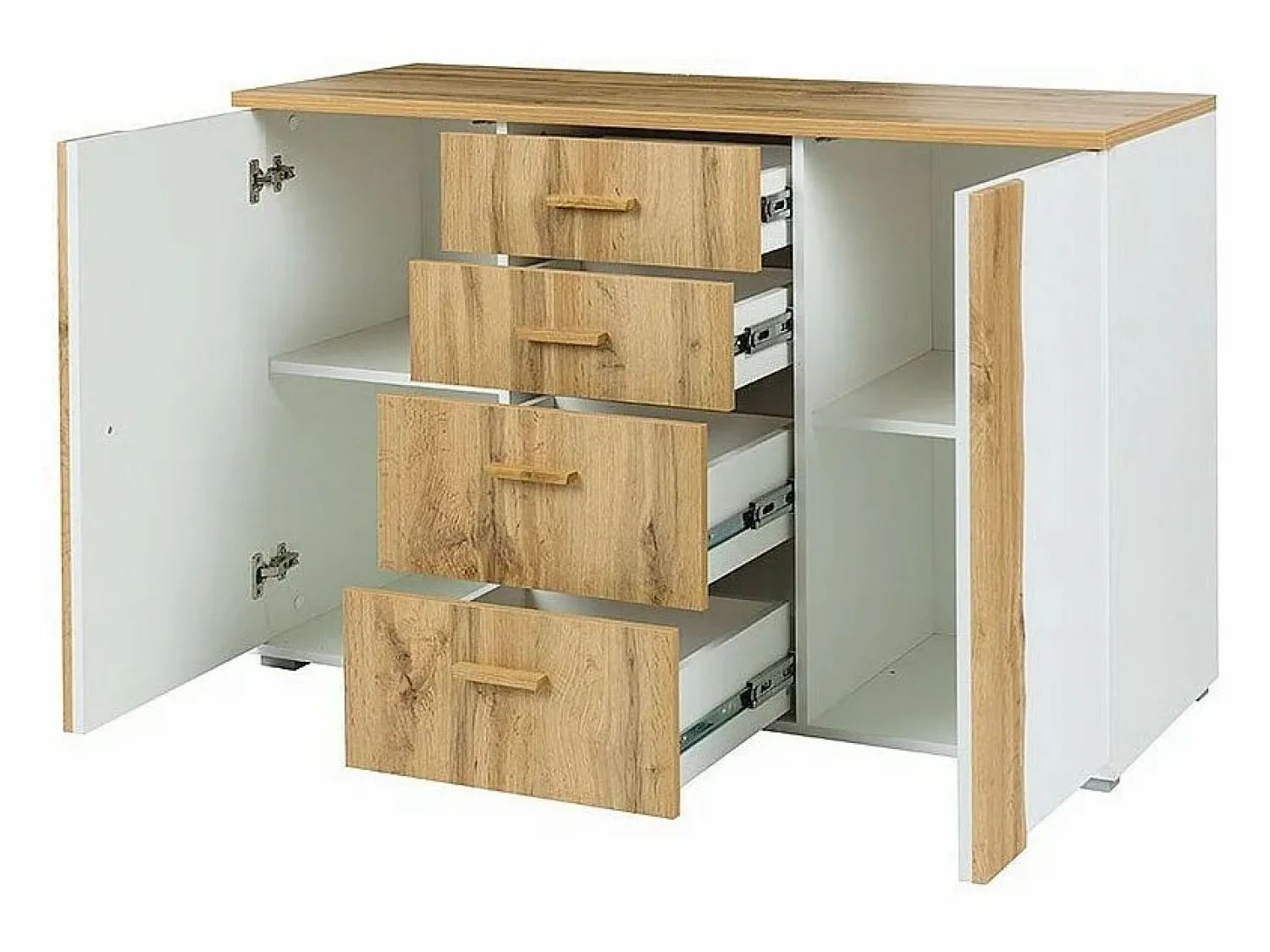 Meublorama Habitación WOOD en colores roble y blanco con cama con LED y compartimento de almacenamiento, cómoda, mesitas de noche y armario.
