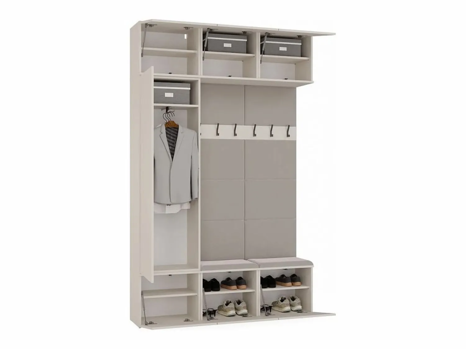 Outlet TOPESHOP HAGA - Conjunto de entrada con 1 armario + 2 percheros de 6 ganchos + banco 150x35x238 cm - cachemira Beige