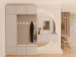 Outlet TOPESHOP HAGA - Conjunto de entrada con 1 armario + 2 percheros de 6 ganchos + banco 150x35x238 cm - cachemira Beige