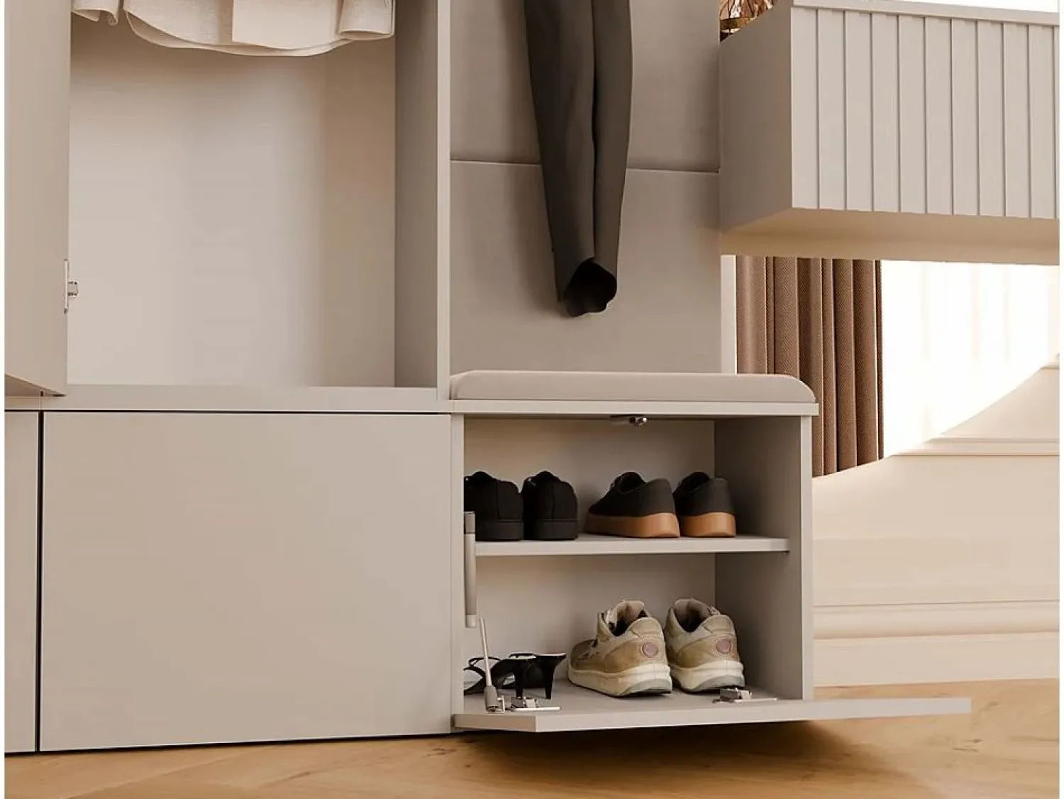 Outlet TOPESHOP HAGA - Conjunto de entrada con 1 armario + 2 percheros de 6 ganchos + banco 150x35x238 cm - cachemira Beige
