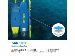 WATTSUP Hinchable Sup SAR 10'8 - 325x84x15cm Dropstitch - Pack Paddle Leash Pump Carry Bag