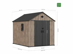 Clearance Hoggar – Caseta de Resina Jardín 6,41m2 Oak O60 - Suelo – Ventana – Efecto Madera Premium - Doble Puerta Amplia – Protección UV e Impermeable – Cierre con Pasador Negro