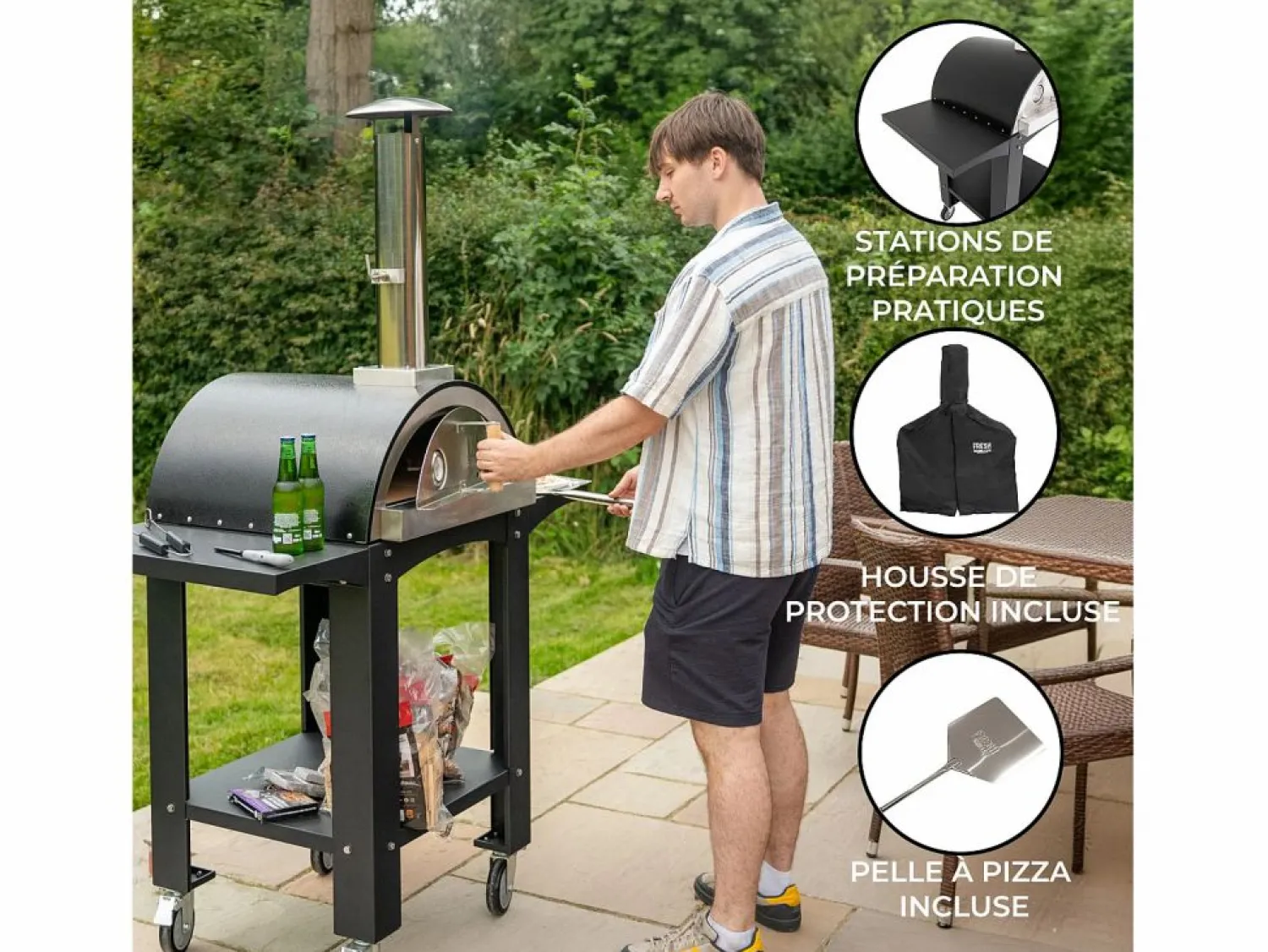 Sale Horno de Pizza Portátil 184 cm Negro | Con Ruedas, Piedra, 2 Estaciones y Cubierta GRATIS Barbacoa