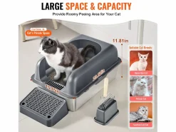 Inodoro para Gatos SucceBuy, Caja de Arena de Acero Inoxidable de 15.24 cm de Profundidad con Filtro y Escalón Gris