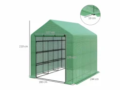 Invernadero de jardín con 8 estantes, puerta enrollable, estructura de acero y cubierta de PE, (244x180x210 cm)