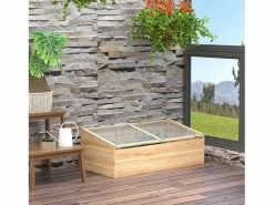 Invernadero de madera para jardín con cubierta de policarbonato, sistema de plantación, color natural (100 x 50 x 35 cm)